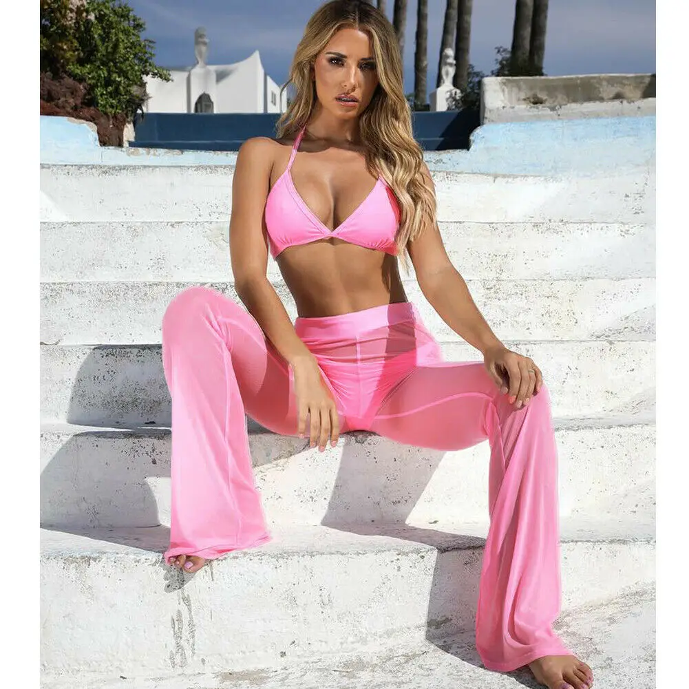 New Sexy Ruffle Women Beach Mesh Pants Sheer Leg Pants Transparent See Through Cover Up Bikini Trouser Pantalon Hot S-XL