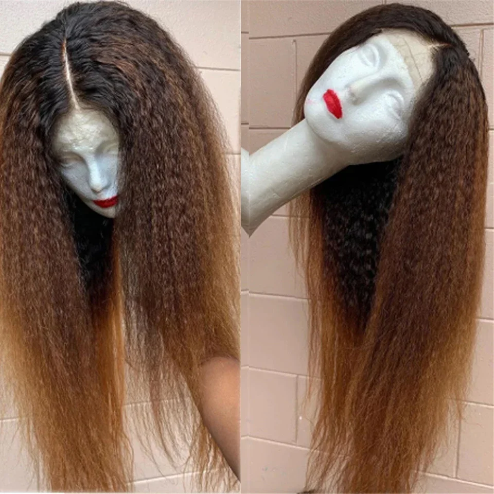 

180 плотность натуральный Омбре коричневый безклеевой Yaki прямой кружевной фронтальный парик для женщин 26 дюймов длинные термостойкие предварительно выщипанные волосы
