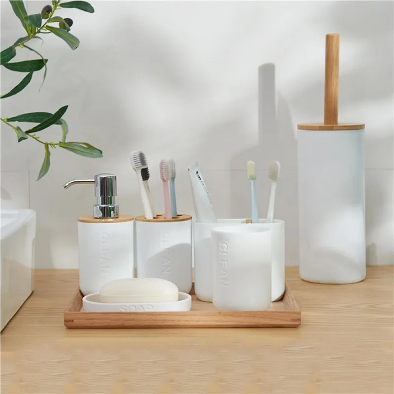 Bathroom Wash Accessories Bamboo Wood Set bathroom wash set