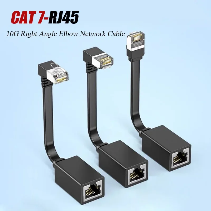 90-Grad-CAT7-Netzwerkverlängerungskabel, flach, Ultra 10 G, rechtes/linkses Winkel-Winkel-Netzwerkkabel, RJ45-Stecker auf Buchse, Adapterkabel