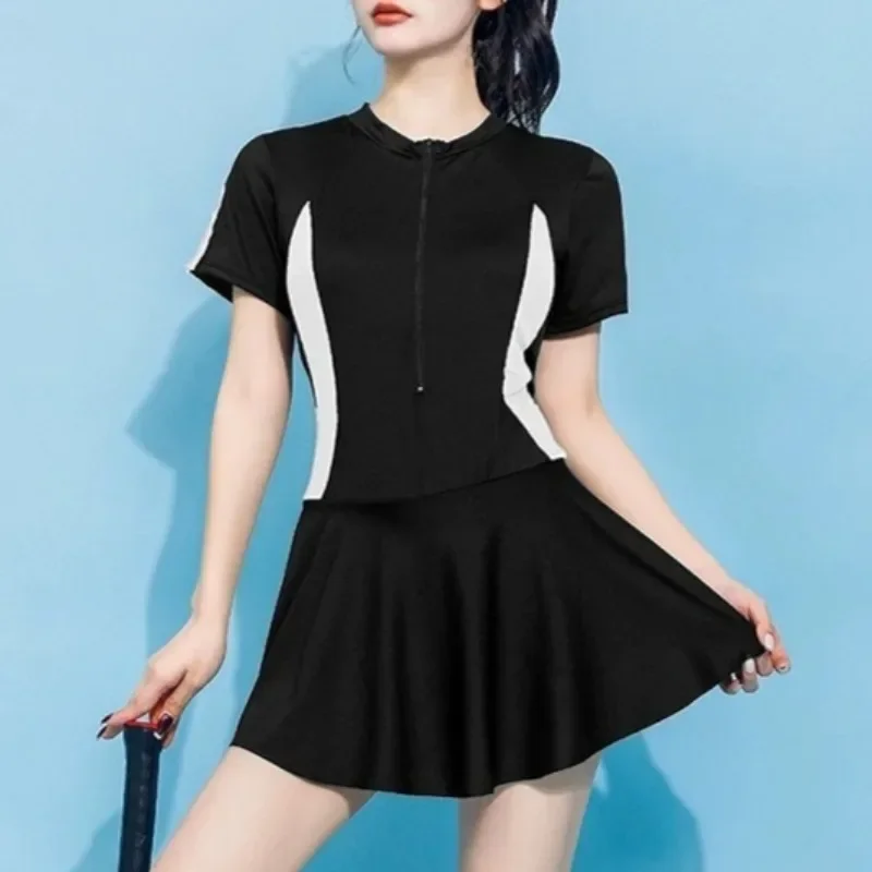 High Waist Black Dress Swimsuit for Women Conservative Short-sleeved Sun Protection Student Sports Summer Swimsuit