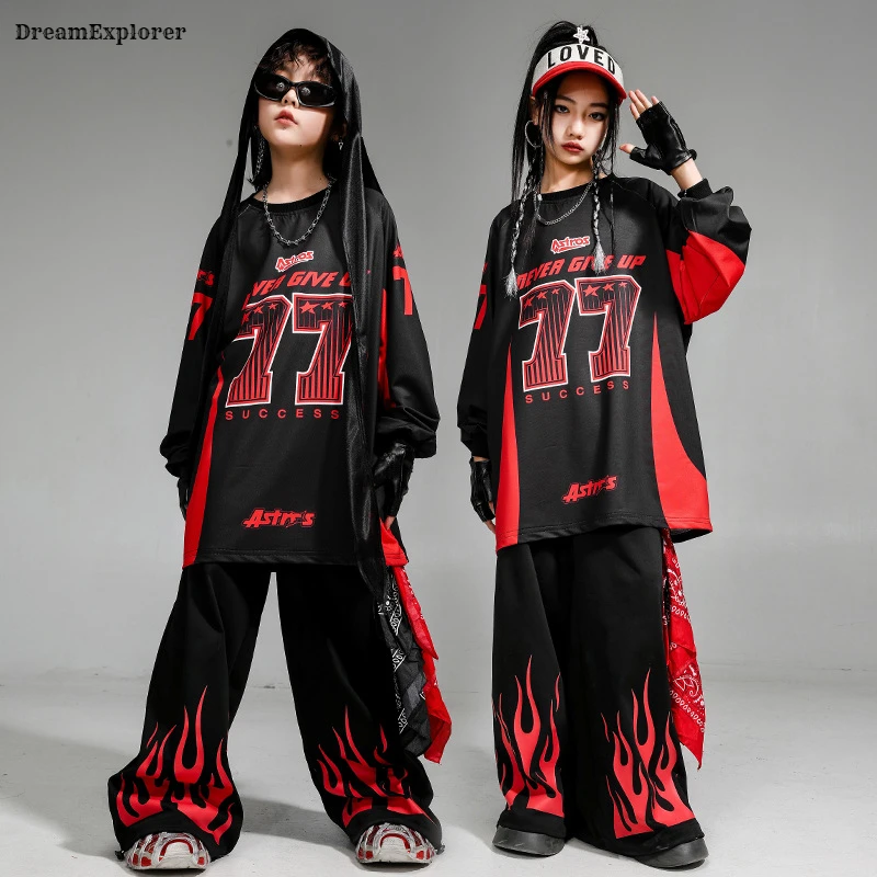 Boys Hip Hop Contrast Sweatshirt Fire Joggers Pants Girls K-pop Street Dance Costumes Kids Jazz Clothes Sets Children Streetwear 3