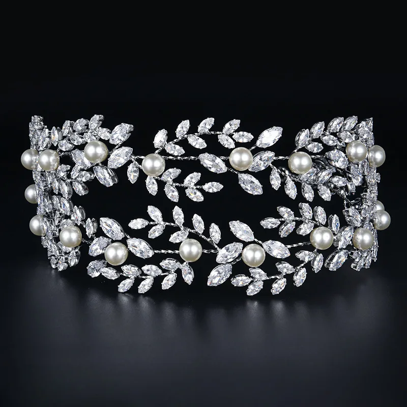 Wedding Hair Accessories Bridal Headband Diadems Crystal CZ Pearl Elegant Bride Tiaras And Crowns Birthday Party Women Headpiece - 2