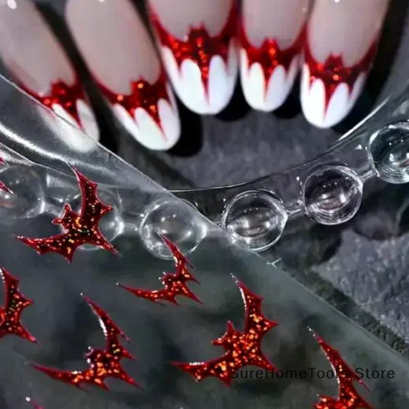 Dazzling Laser Gothic Halloween Nail Art Stickers Shiny Red Silver Black Bat Cross Adhesive Decals for Dark Style Manicure Decor