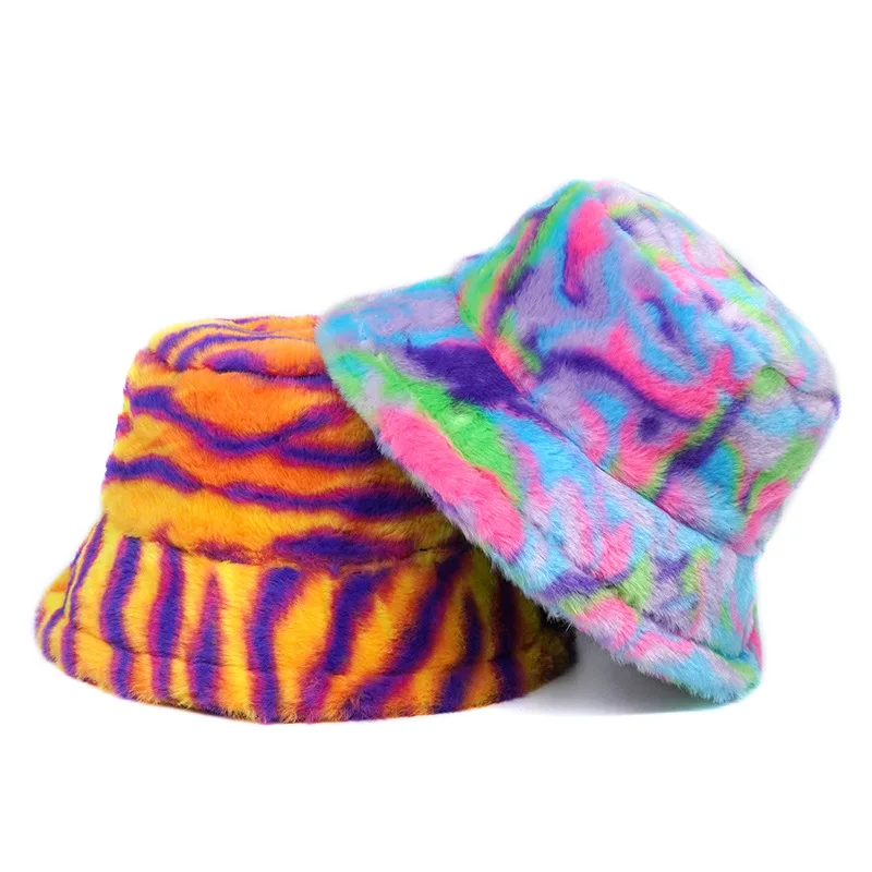 

Tiger Stripe Print Fisherman Cap Female Thickened Fur Fluffy Bucket Hats Women Men Winter Warm Outdoor Windproof Panama Velvet