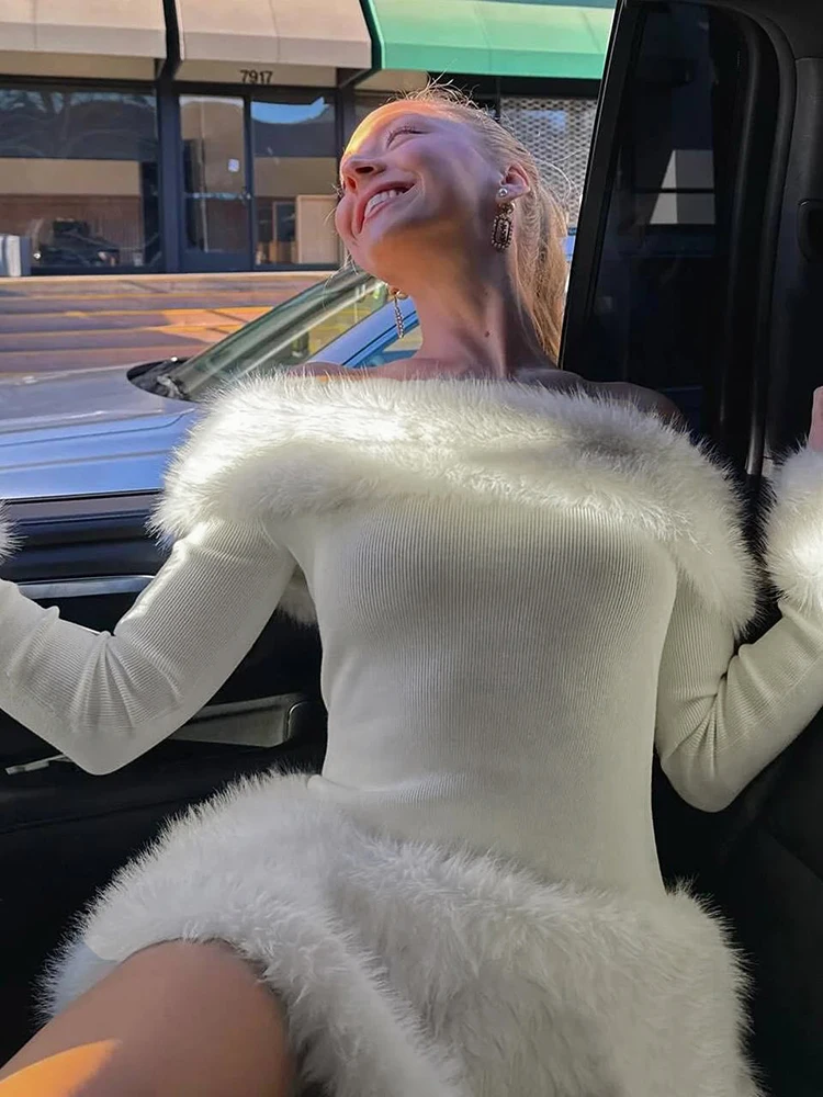 Nibber Patchwork Fluffy Dress Women Slash Neck Full Sleeve Winter Trend Christmas Skinny Birthday Party Elegant Mini Bodycon