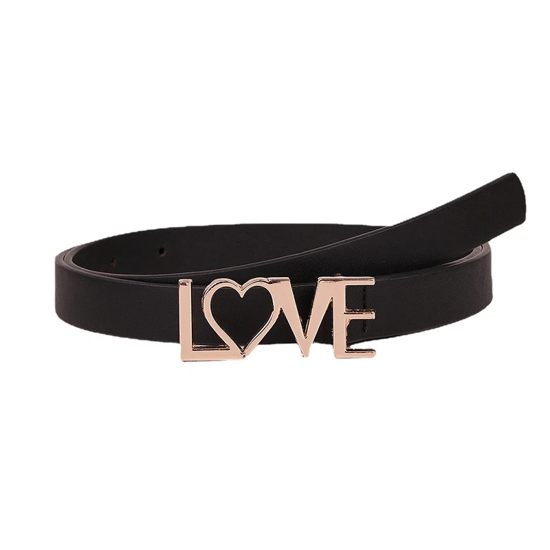 PU Leather Belt Waistband with Love Buckle Black Waist Bands Retro Fashion Cool Thin Belts for Women Luxury Girl for Girl Friend