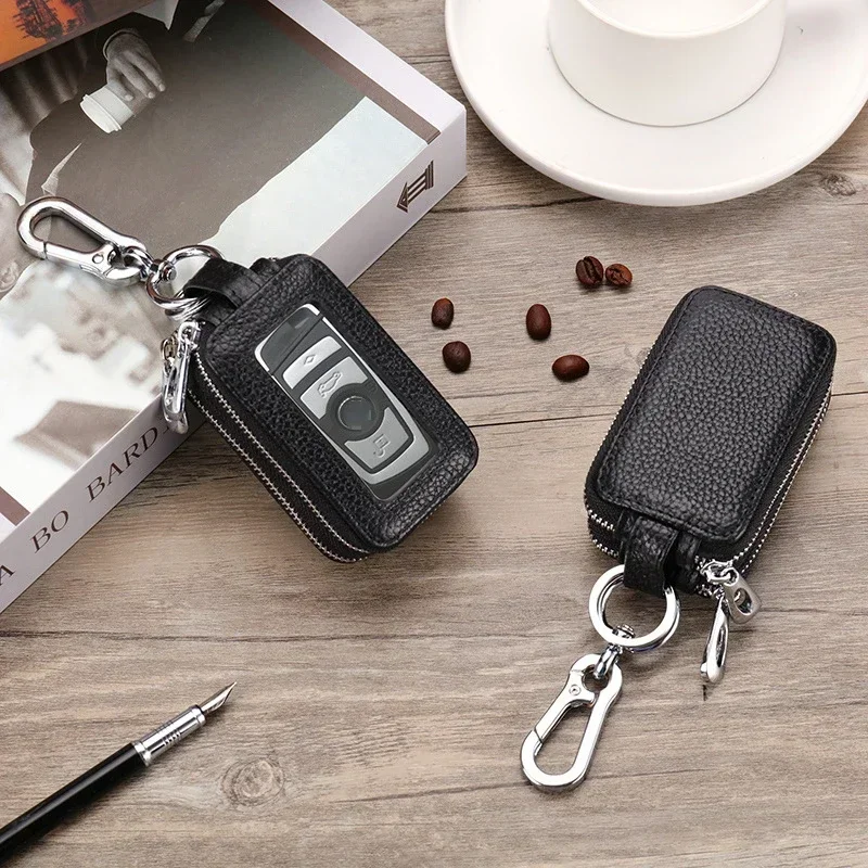 Double-layer Zipper Car Key Case Lychee Pattern Top Layer Cowhide Genuine Leather Chain Large Capacity Unisex