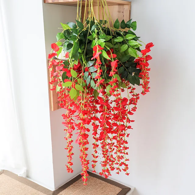 Artificial Plant Wisteria Flower Wall Hanging Rattan Decoration Home Hotel Garden Hall Decoration Wedding Scene Ceiling Pendant Long red