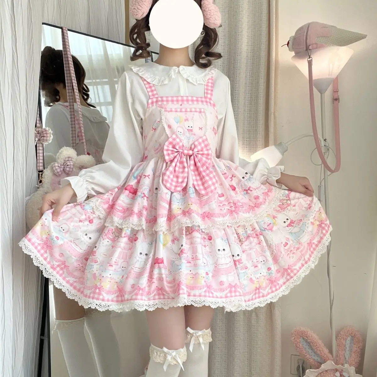 Kawaii Lolita lace Bow Camisole Dress Sweetheart Princess Cartoon Printing Bow Mini Dresses