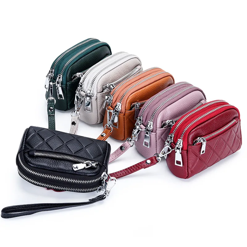 Women Coin Purse Cowhide Large Capacity Three Zipper Multifunction Money Lipstick Pocket Clutch Coin Bag Removable Wrist Strap