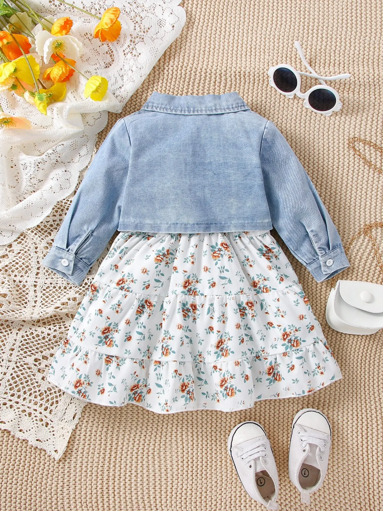 3PCS Denim & Floral Dress Set 2