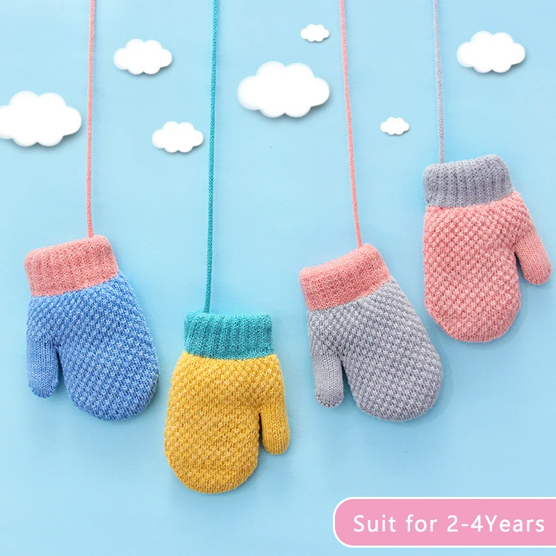 Winter Baby Boys Girls Knitted Gloves Warm Full Finger Mittens Gloves with Rope For Children Toddler Kids 1-3Years Winter Gloves