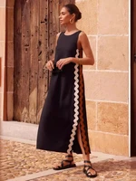 Summer Solid Patchwork Loose Midi Dress Women Casual O-neck Sleeveless Split Vintage Dress Female Beach Holiday Sundresses 2025 - Image 6