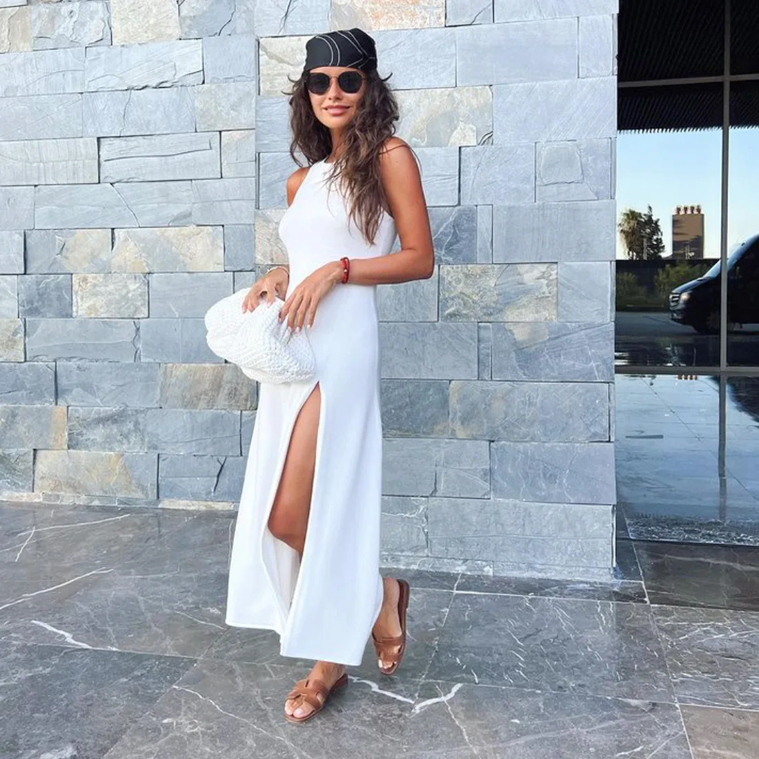 Summer New Sleelvess Slim Bodycon Dress Women Casual High Split Out Solid Holiday Beach Sundress White Tank Dresses 2025
