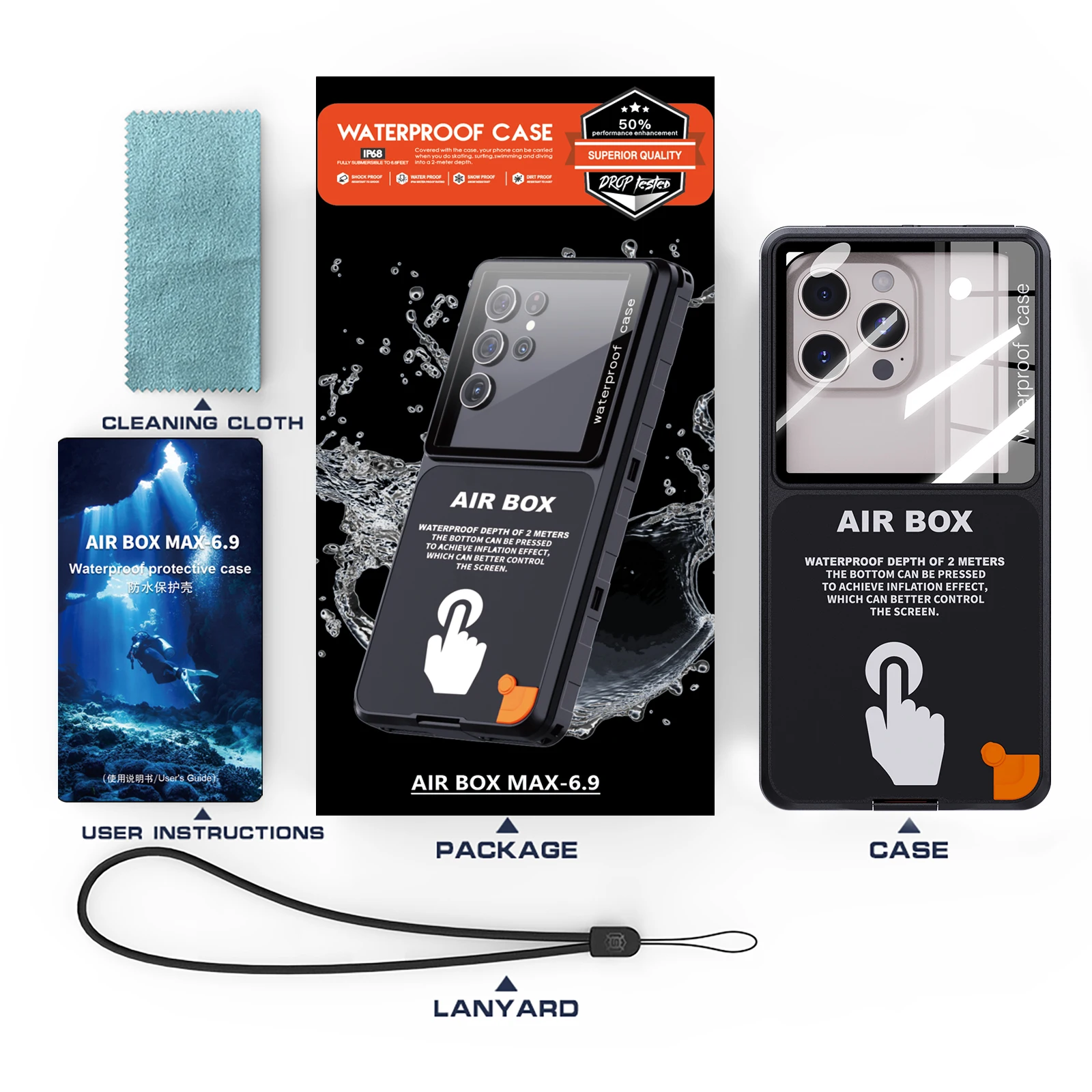 Universal IP68 Waterproof Phone Pouch with Touch Screen Access and Lanyard for Underwater Protection