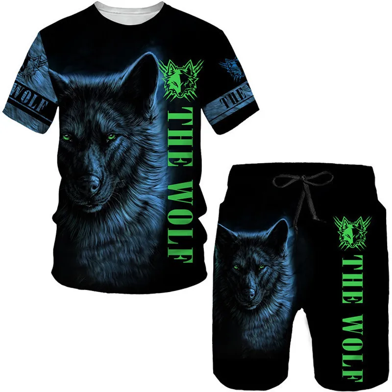 

3D printed cool wolf T-shirt/set summer short sleeved round neck men's T-shirt; Shorts 2-piece casual street couple Sportswear