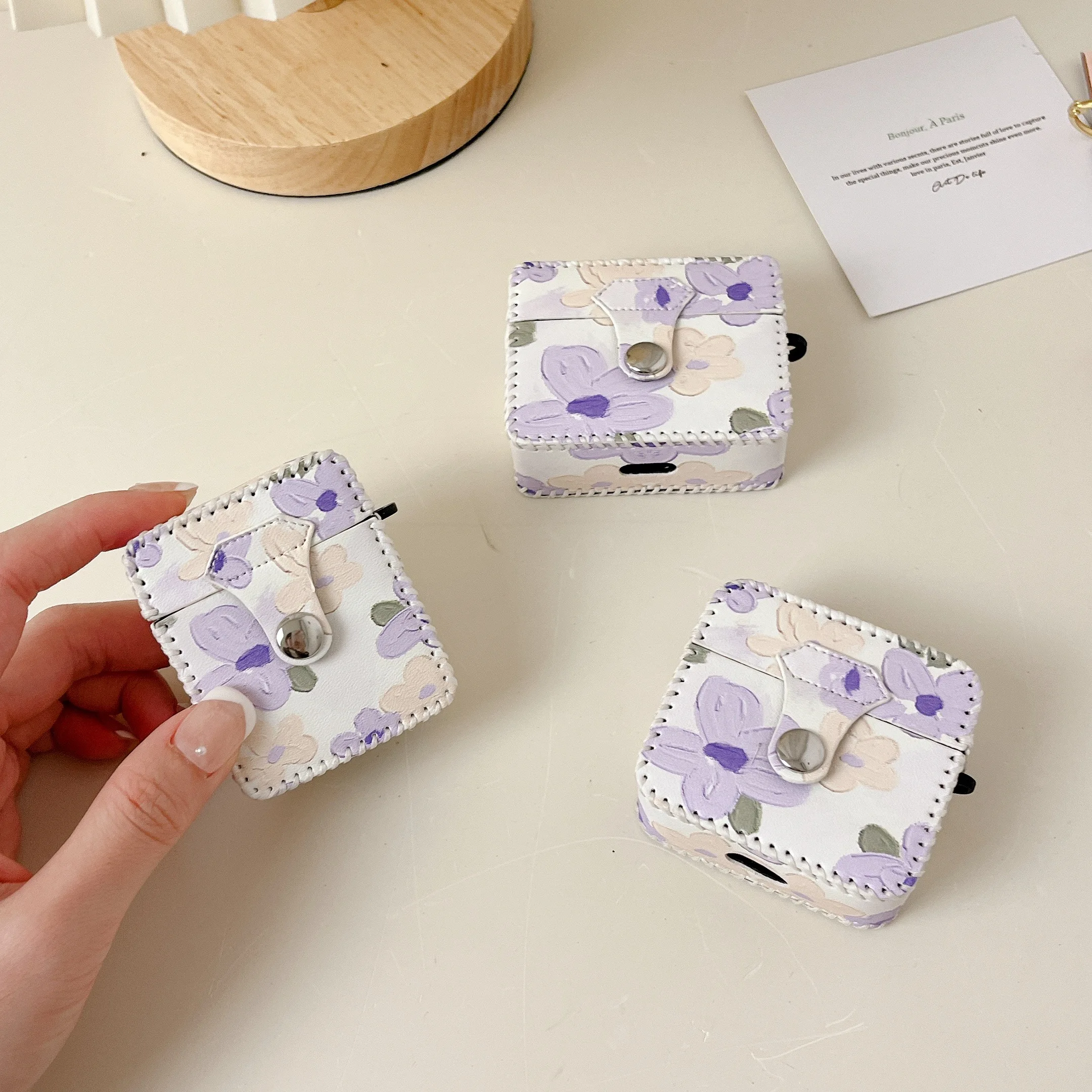 Fresh Purple Oil Painting Flowers Custodia Antiurto Per Auricolari In Pelle Pu Per Airpods 1 2 3 (2021) Pro 2 Cover Per Auricolari