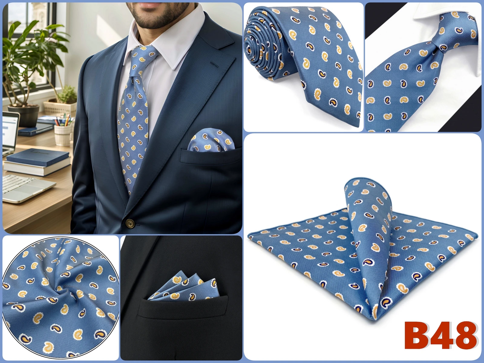 Extra Langes Herren-Krawatten- und Einstecktuch-Set, Kariertes Paisley-Muster, Blau, Braun, Silber, Grün, Geschenk, XL, Formelle Hochzeitskrawatten – Detail 25