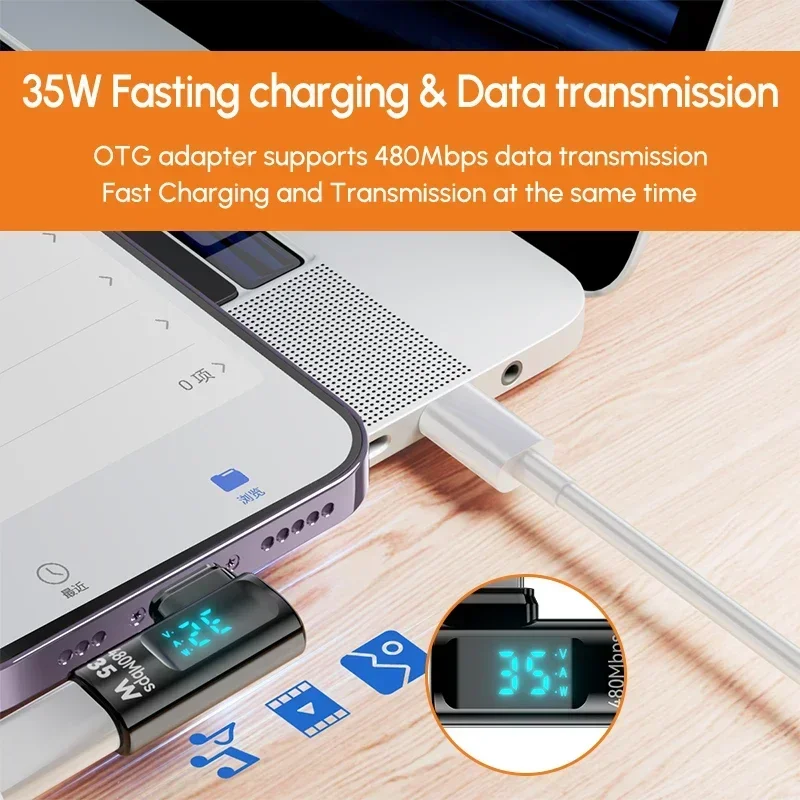 90도 140W 타입 C to 라이트닝 OTG 어댑터 35W 디지털 디스플레이 USB 커넥터 아이폰 16 15 14 13 프로 맥스 아이패드 테스터용