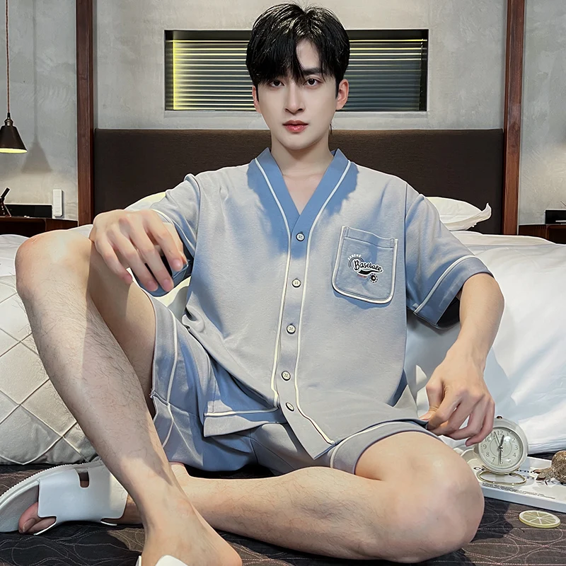 V 넥 기모노 코튼 잠옷 남성용 여름 반팔 반바지 잠옷 세트 어린 소년 Simple Homewear 빅 사이즈 L-3XL Pijamas