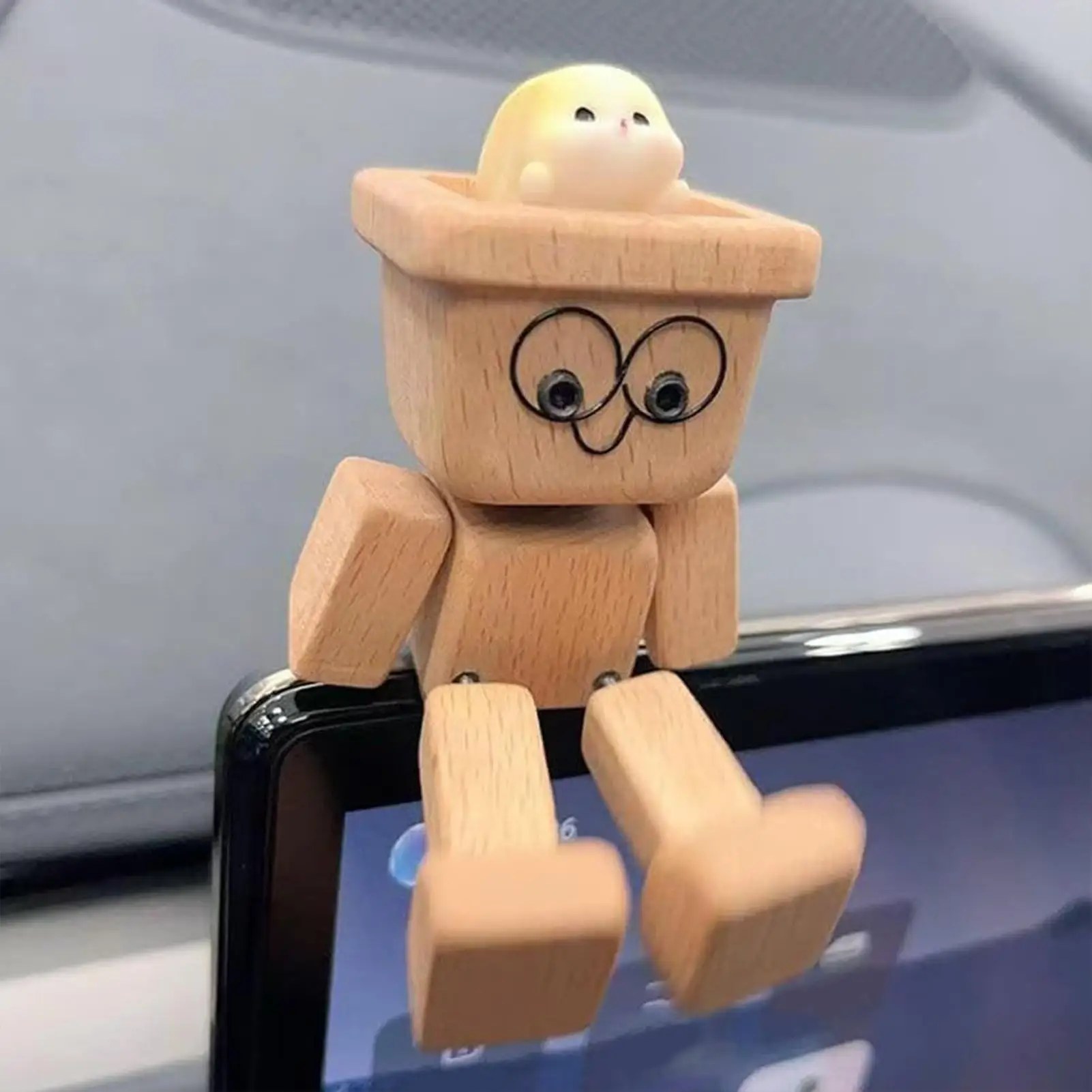 Desk Wooden Figure Shaking Feet Wooden Doll Human Shape Funny Sculpture Dashboard Movable Ornament for Study Travel Road Trip