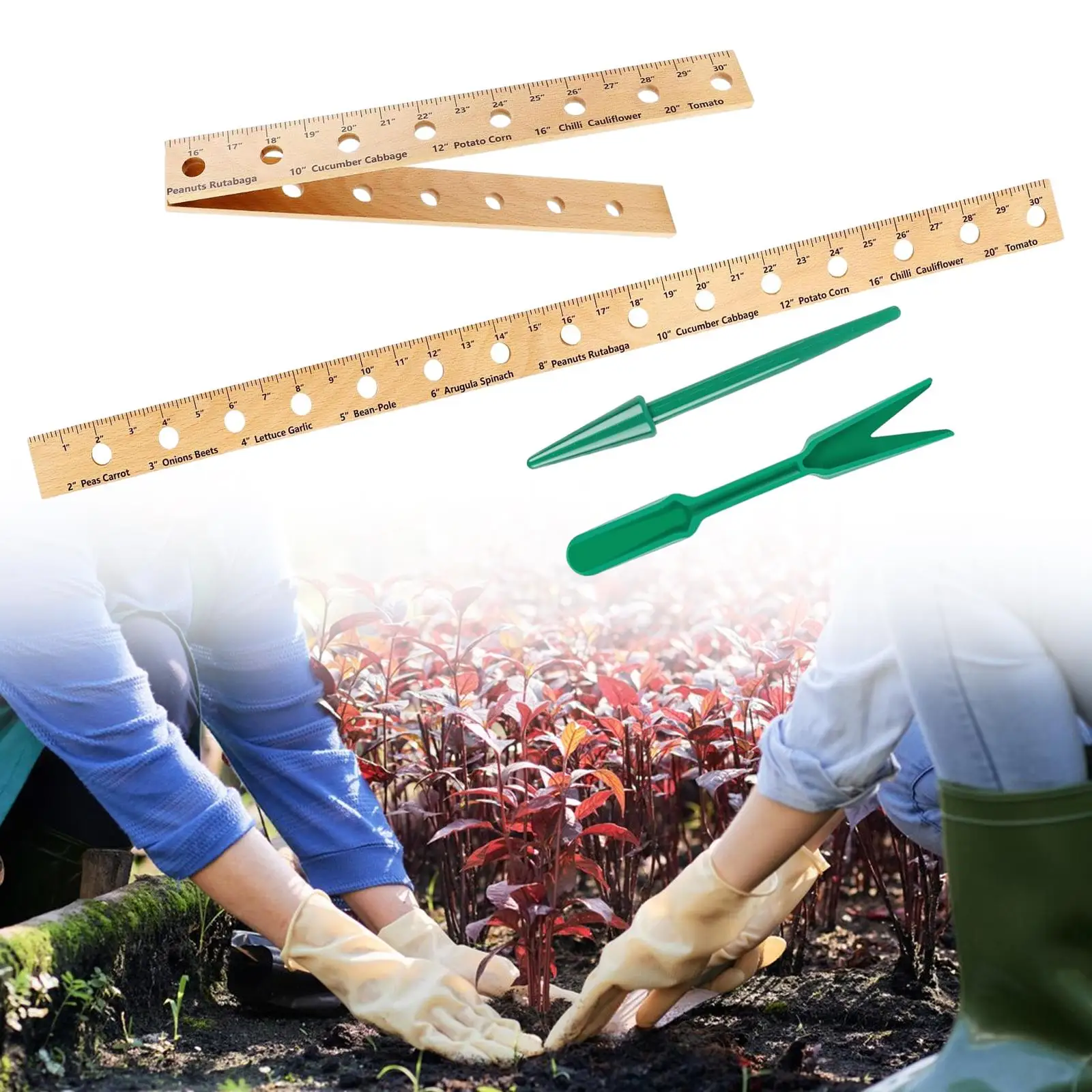 Wooden Planting Ruler with Holes Foldable with Transplanting Tongs Planter Portable Garden Ruler for Outdoor Vegetable Orchards