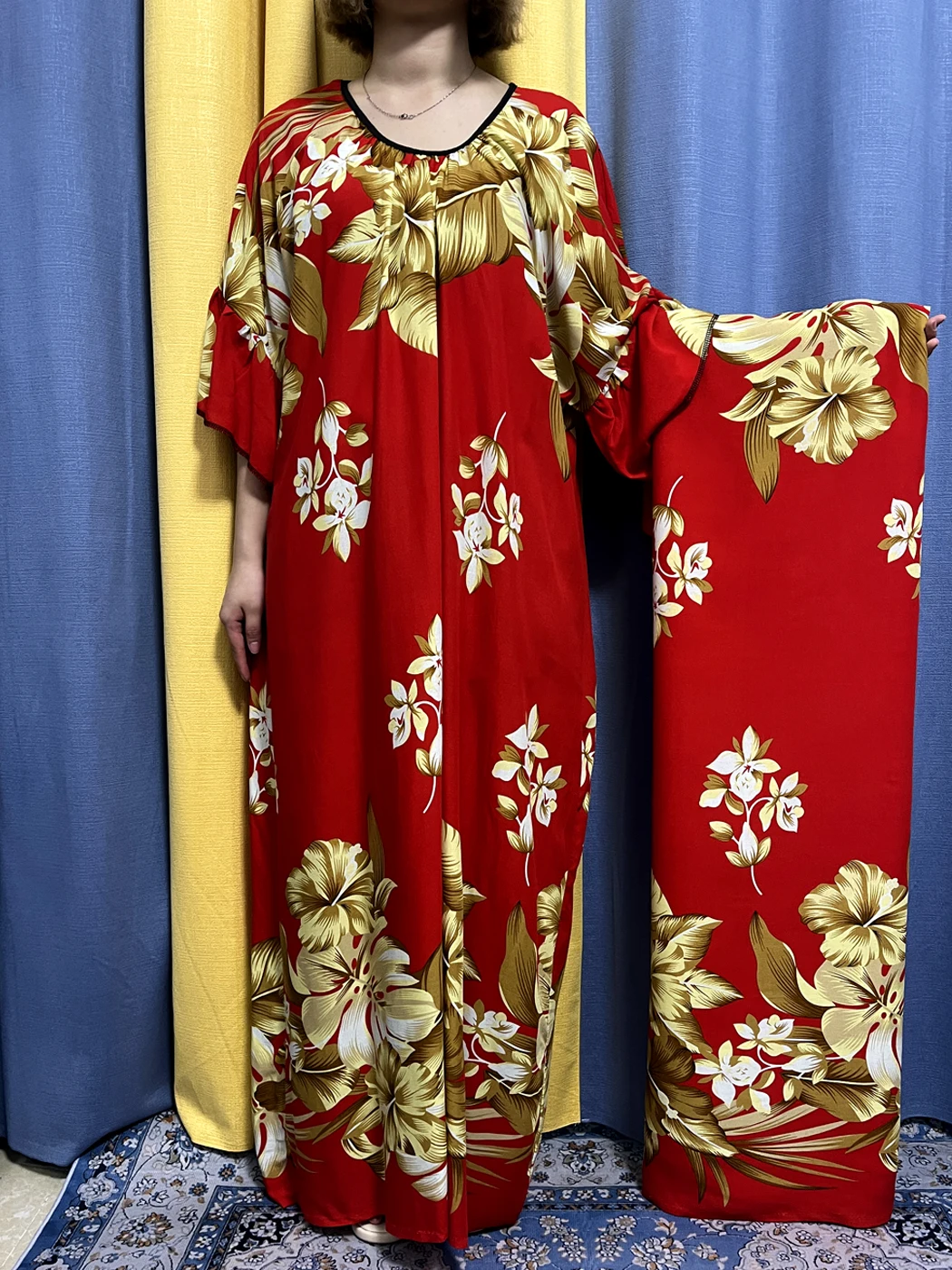 Abayas For Women 2023 Muslim Islam Printed Flower Cotton O-neck Jilbab Short Sleeves African Dresses Femme Robe With Big Scarf