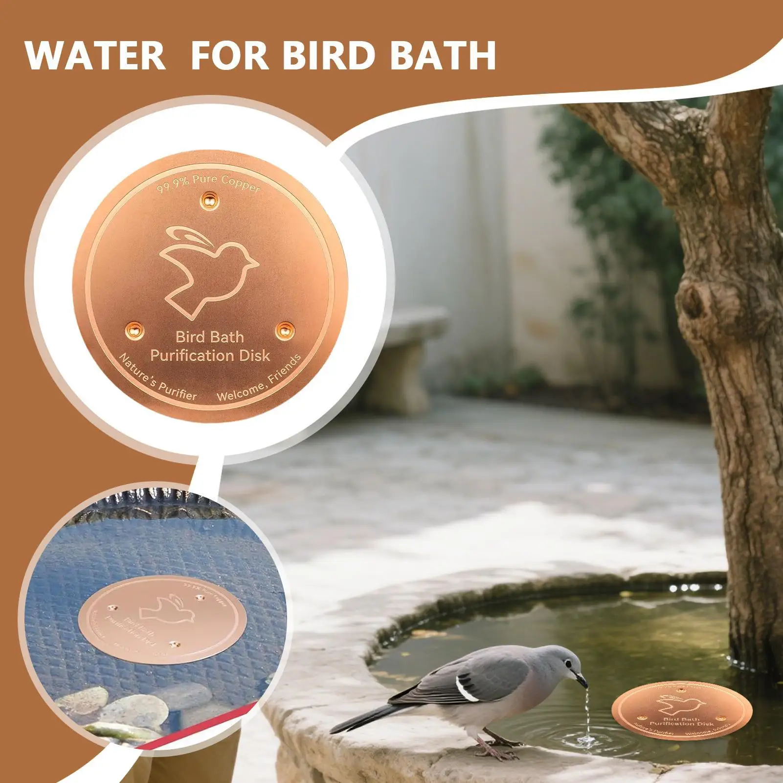 1pc Bird Bath Copper Disk With 3 Point Support Bird Bath Purification Tray Metal Cleaner Disks Feeder Accessories For Water Bowl