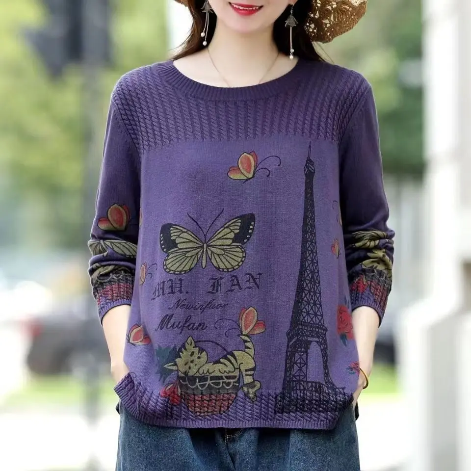 

Thin Spring Autumn New Vintage Printed Cotton Knitwear Women's Loose Pullover Long Sleeve Bottom Sweater Top Women Jumper