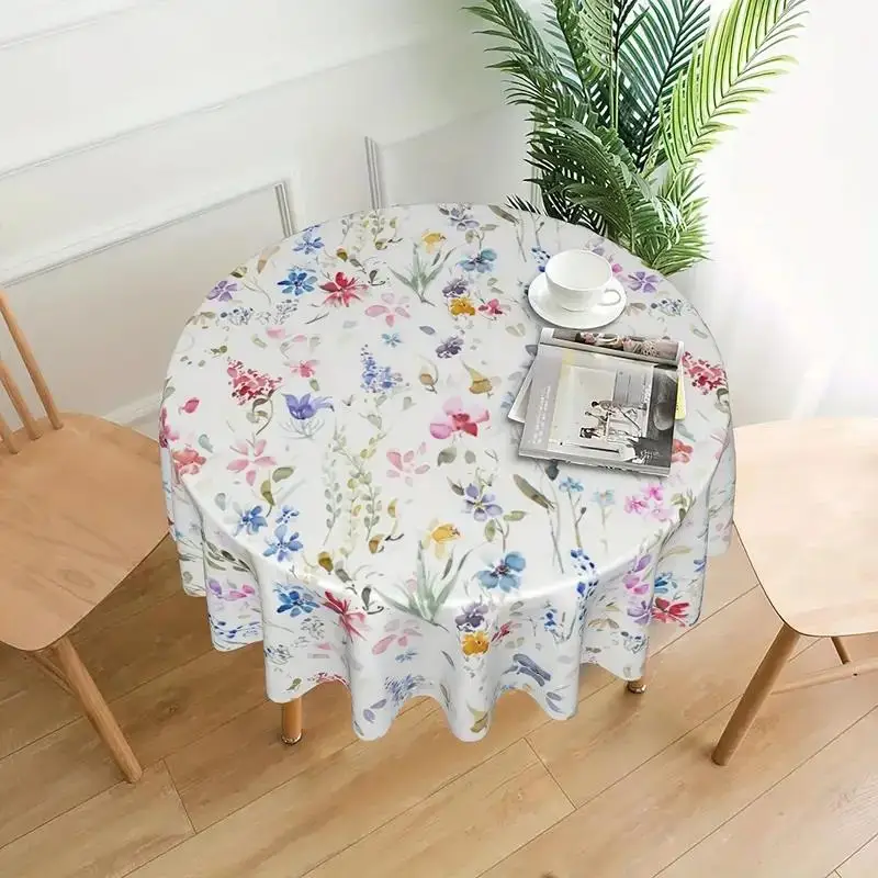 1pc Spring Floral Pattern Round Tablecloth 60 Inch Watercolor Flowers Tablecloths For Easter Farmhouse Decorations Picnic Kitche