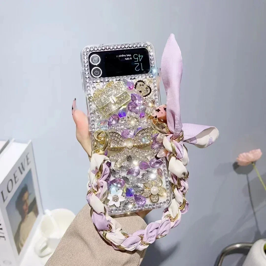 Bling Diamond Silk Scarf Bracelet Chain Case for Samsung Galaxy Z Flip 4 5 ZFlip3 ZFlip6 phone case