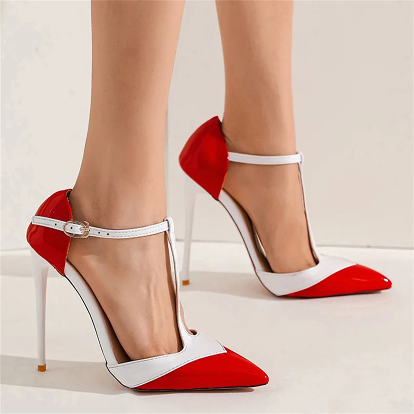 High Heels Women 12 CM High Heel Shoes Pumps T-Strap Woman Party Wedding Shoes Kitten Heels Plus Size 34 - 41 42 43 44 45 46 47