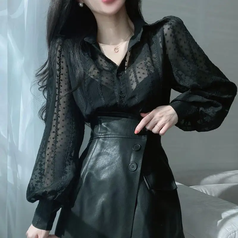 Elegant Loose Thin Blouse Spring Summer New Polo Neck Solid All-match Long Sleeve Shirt Tops Temperament Fashion Women Clothing