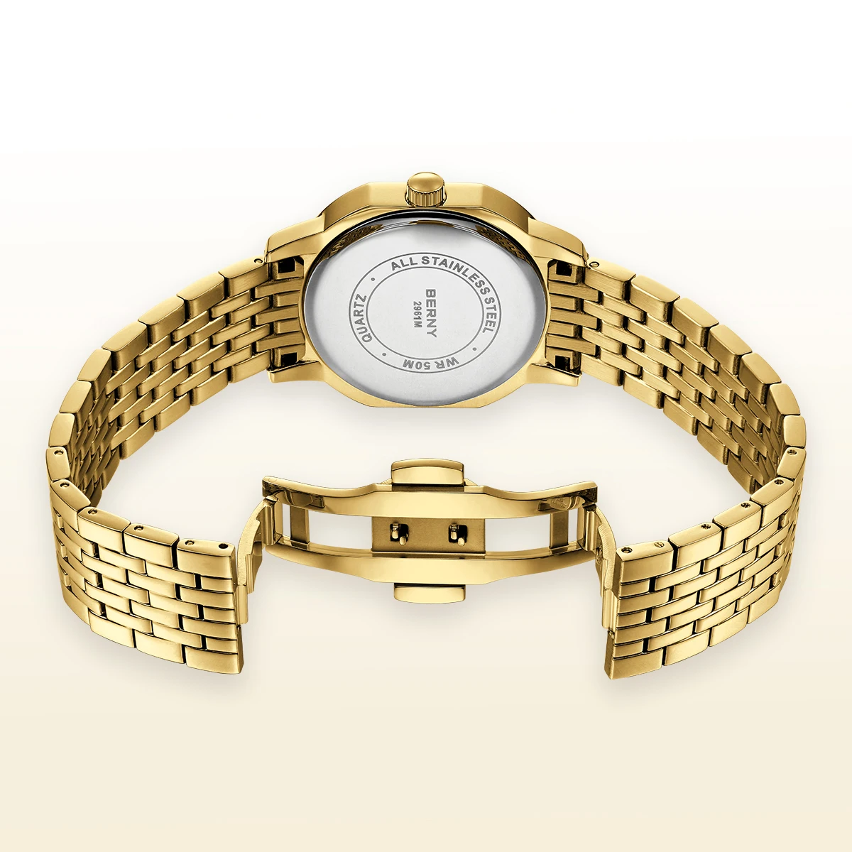 BERNY Luxusuhren für Herren, Datumsanzeige, leuchtender Quarz, goldene Herrenuhr, modische, elegante Business-Armbanduhr mit rechteckigem Zifferblatt – Detail 5