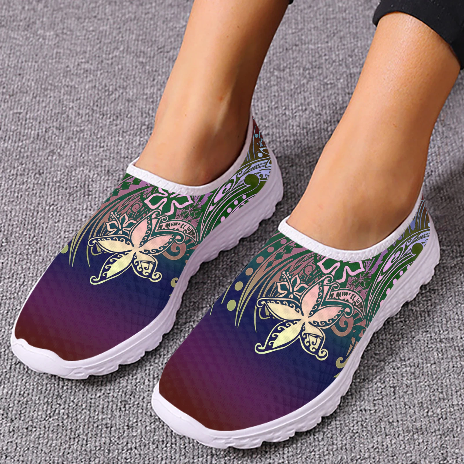 INSTANTARTS Tribal Polynesian Plumeria Flower Prints Flat Shoes for Women Light Slip-on Casual Loafers Summer Cool Mesh Sneakers