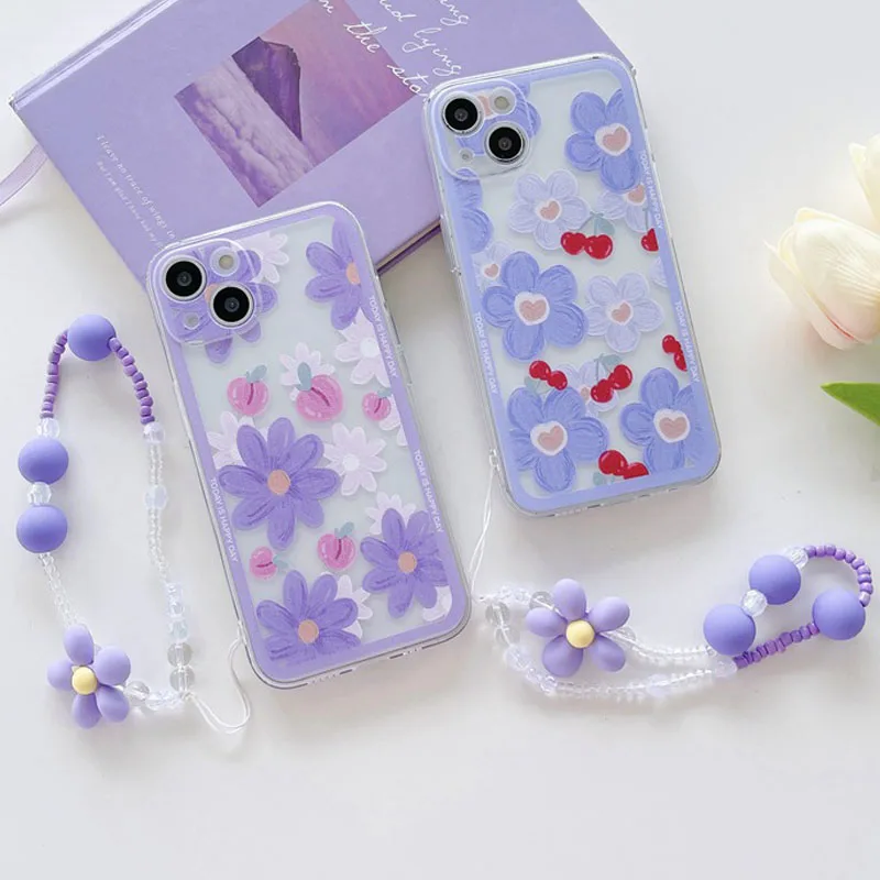 

Cherry Peach Flower Chain Rope Soft Phone Case For Huawei Nova 3 4 5 6 7 8 Pro 7i 3i 3E 4E 6SE 7SE Y7 Y9 2019 Lanyard Back Cover