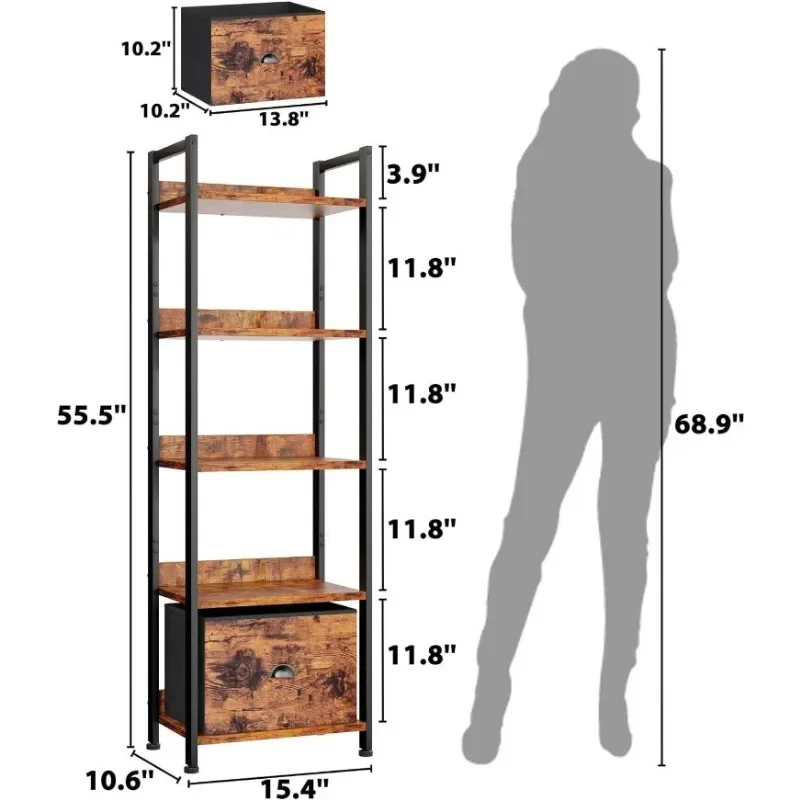 Description Picture 4 of item4 Tier Bookshelf with Drawer, Small Narrow Bookcase with Shelves, Wood and Metal Standing Shelf Unit, Industrial Display Shelves