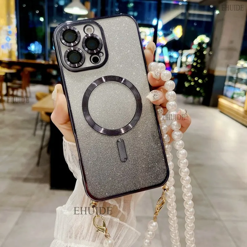 Magnetic Pearl Crossbody Clear Glitter Phone Case with Lanyard Strap