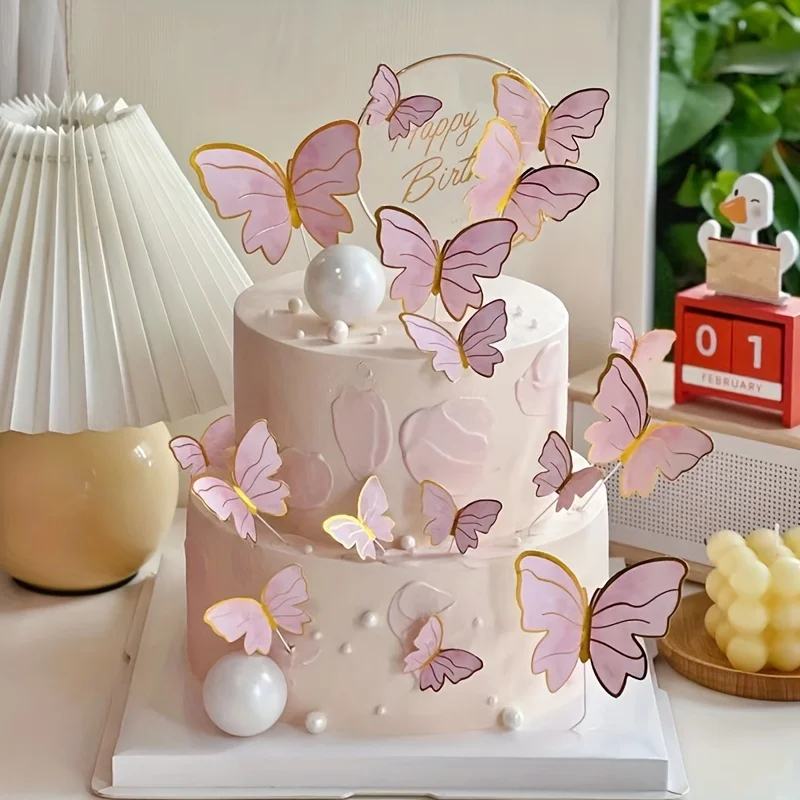 10 Stück Stempeln Gold Rosa Schmetterling Kuchen Topper Prinzessin Mädchen Hochzeit Alles Gute zum Geburtstag Party Dekor Dessert Kuchen Dekor Schmetterling – Detail 1
