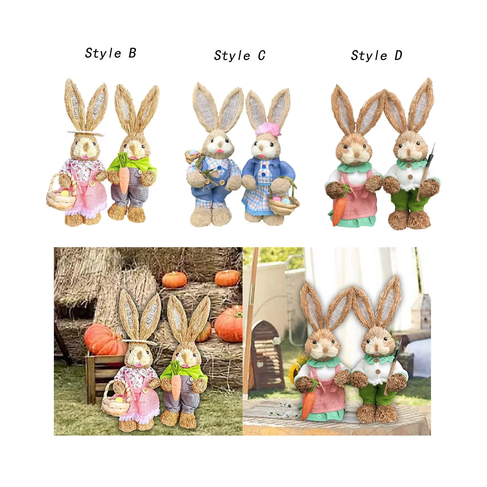 2Pcs Rabbit Sculptures Easter Gifts Cute Straw Bunny Figurines Garden Decor Animal Statues for Balcony Lawn Room Bedroom Yard