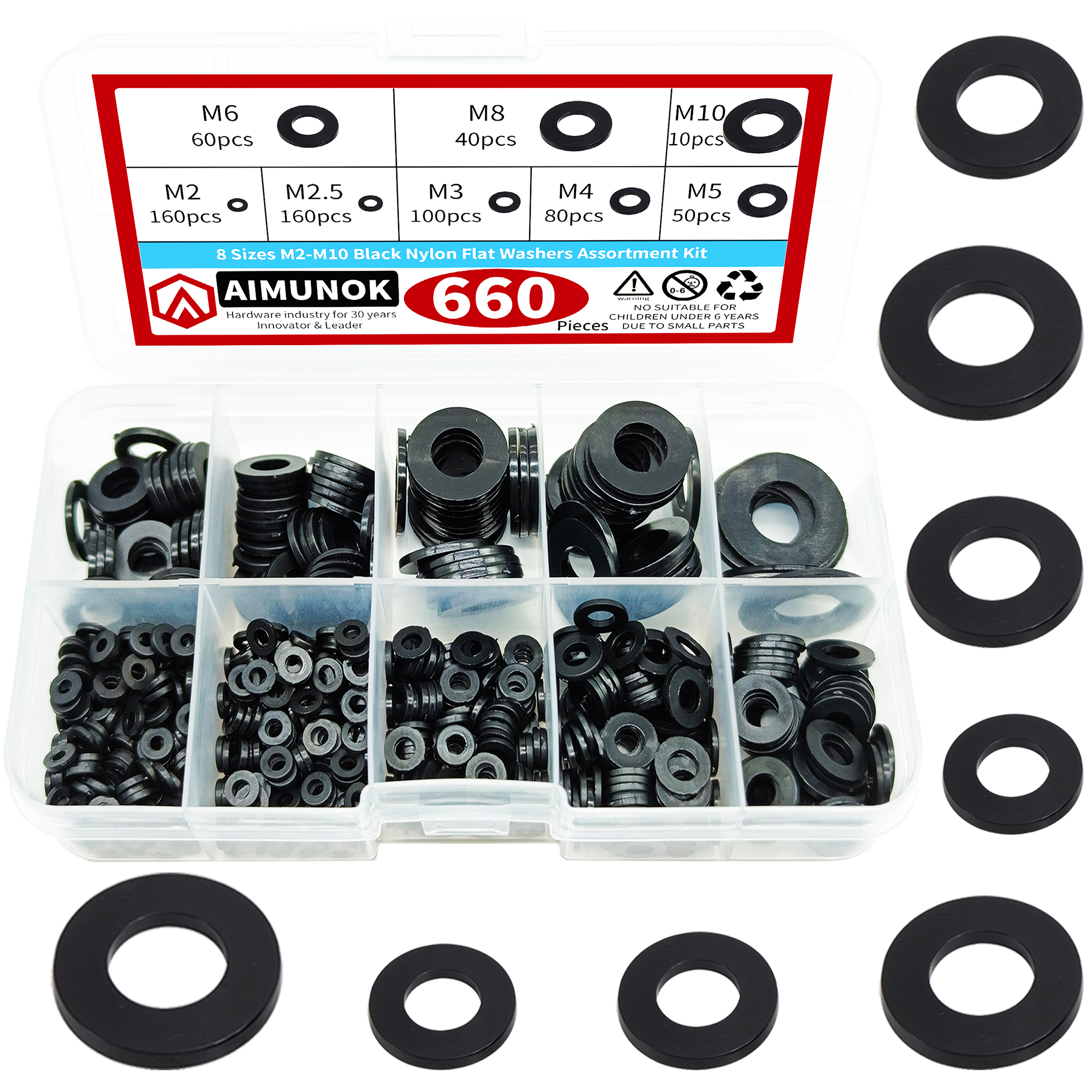 660pcs 8 Size M2-M10 Black Nylon Flat Washers Assortment kit Fasteners Tools Repair Accessories Safe and Easy to Install