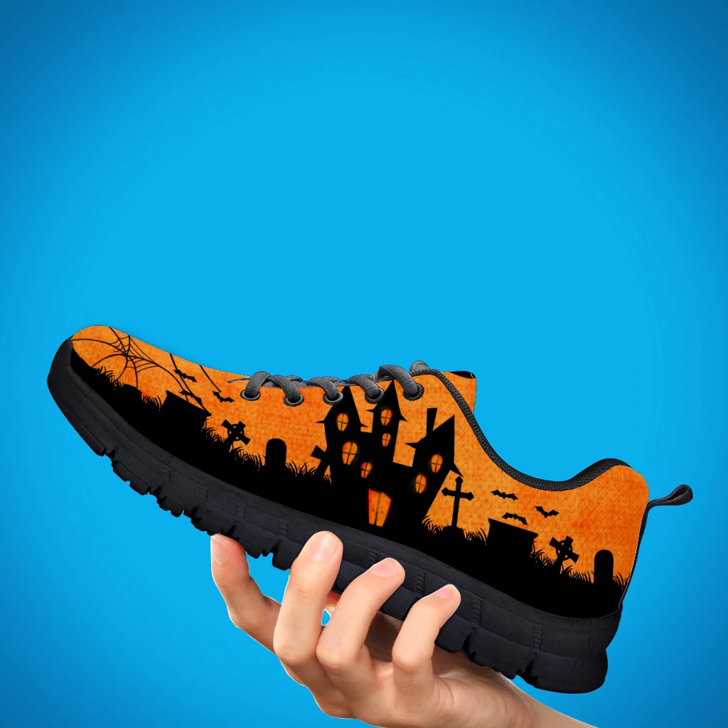 INSTANTARTS Ladies Casual Sneakers Shoes Fashion Halloween Witch Ghost Cobweb Printing Women Lace-up Flat Shoes Air Mesh Shoes