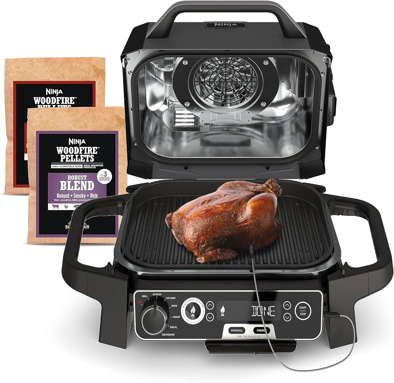 

Ninja Woodfire Pro 7-in-1 Grill & Smoker with Thermometer, Air Fryer, BBQ, Bake, Roast, Broil - Portable Electric Outdoor Grill