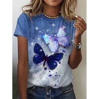 T-shirt col rond imprimé papillon 3d pour femme, haut à manches courtes, surdimensionné, à la mode, été, 2024 3
