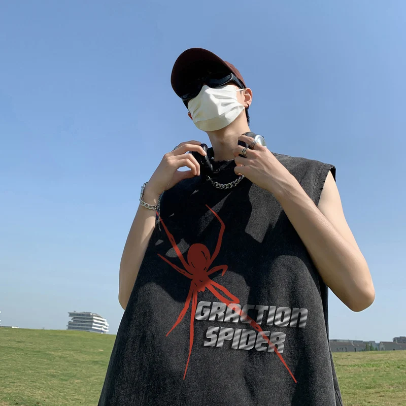 

TFETTERS Summer Tank Top Men 2023 Spider Letter Print Retro 100%Cotton Sleeveless Top Men American Style Streetwear Casual Tops