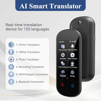 Portable two-way AI voice translator device for business, learning, and travel; ABS plastic body in black; real-time voice, tex 2