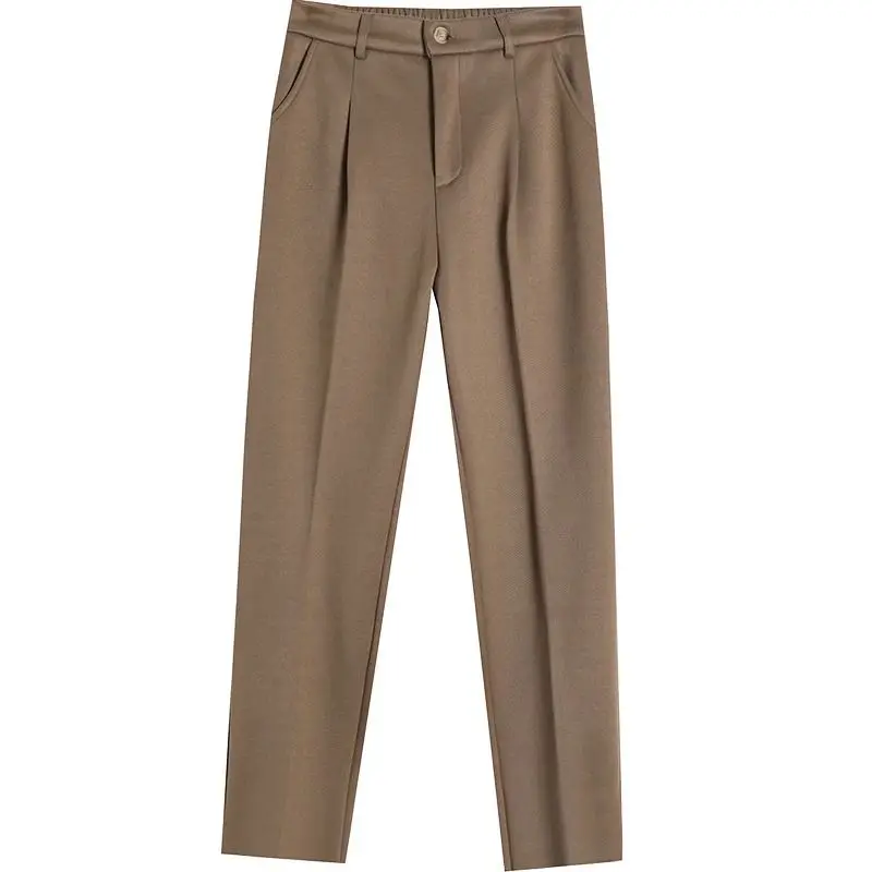 Semplicità Autunno Donna Pantaloni da abito in lana Tasche solide Bottoni Elastico a vita alta Pantaloni dritti alla caviglia addensati alla moda 6