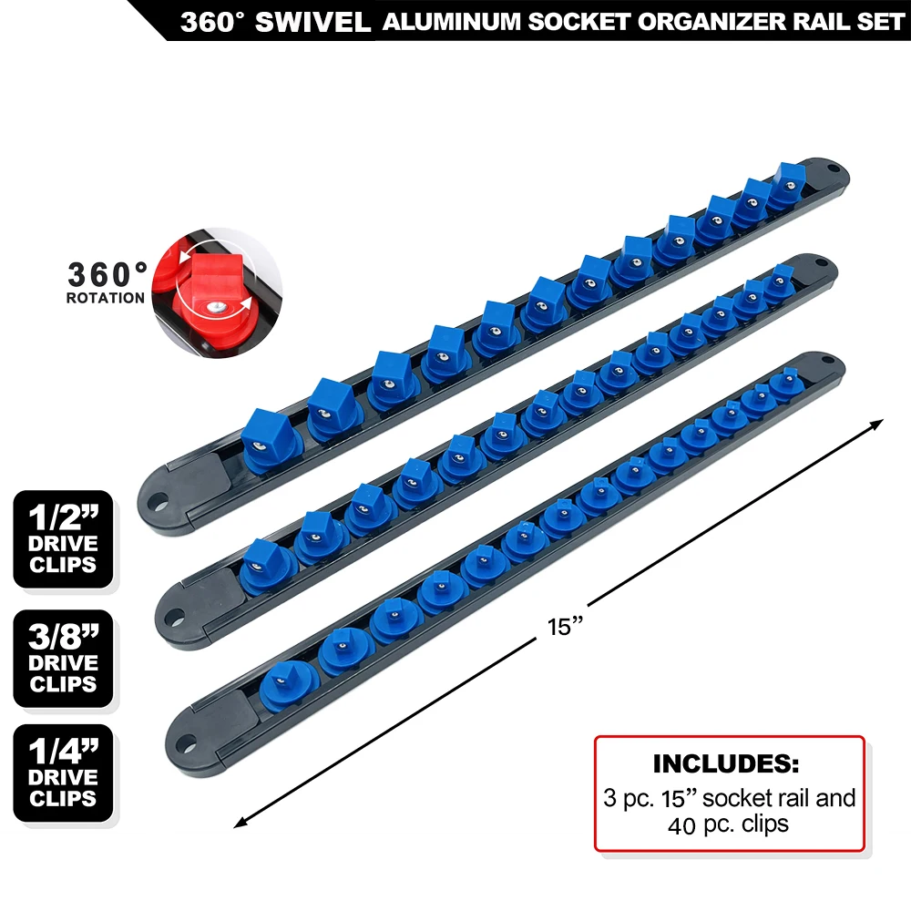 360&deg; Swivel ABS Socket Organizer 1/4Inch 3/8Inch 1/2Inch Premium Quality Socket Clip Rail Holder socket organizer tools
