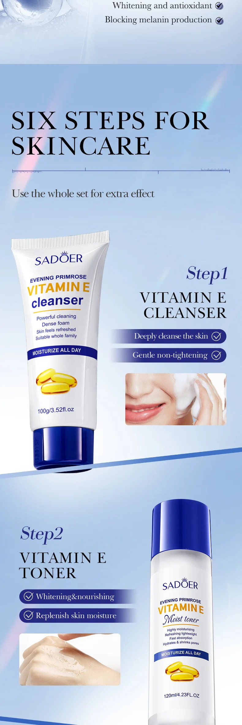 Sadoer Evening Primrose Vitamin E High Moisturizing and Hydrating Six-Piece Set, Deeply Cleanses the Skin, Removes Oil from the Skin, Makes the Skin White and Translucent, Soothes and Softens the Skin, Nourishes and Moisturizes, and Helps Inhibit Melanin Production, Thus Giving the Skin a Soft, White, and Youthful Appearance